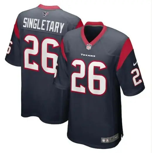 Two dark blue Houston Texans Devin Singletary Nike team game jerseys with red and white accents