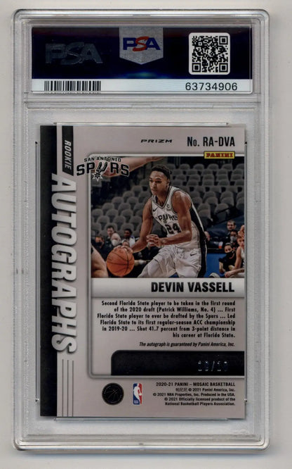 PSA-graded Devin Vassell mosaic rookie auto gold basketball card with autograph displayed