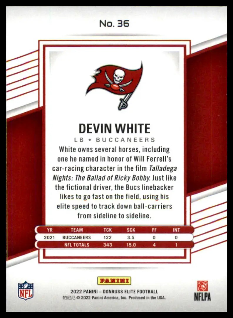 Football card back featuring Devin White from Donruss Elite 2022 Tampa Bay Buccaneers