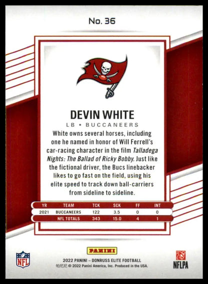 Football card back featuring Devin White from Donruss Elite 2022 Tampa Bay Buccaneers