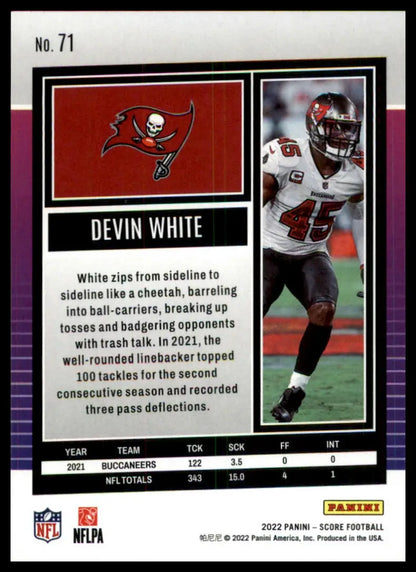 Devin White football card from 2022 Score series featuring Tampa Bay Buccaneers