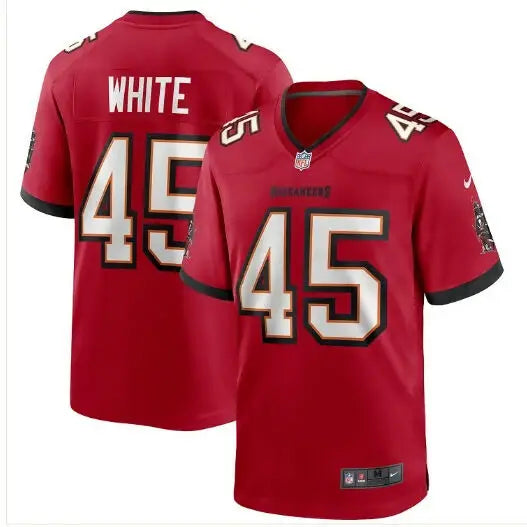 Red and black Devin White Tampa Bay Buccaneers Nike game jersey with number 45 and WHITE text