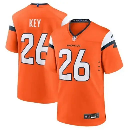 Two orange Denver Broncos Devon Key Nike Team Game jerseys displayed for sale