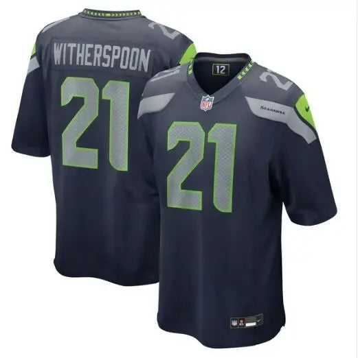 Dark blue Seattle Seahawks Nike game jersey with green 21 and gray Witherspoon name