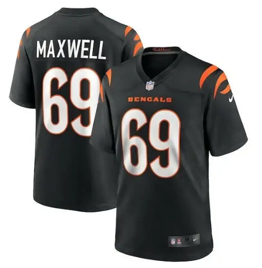 Black Cincinnati Bengals Nike game jersey with orange and white accents and Maxwell number 69