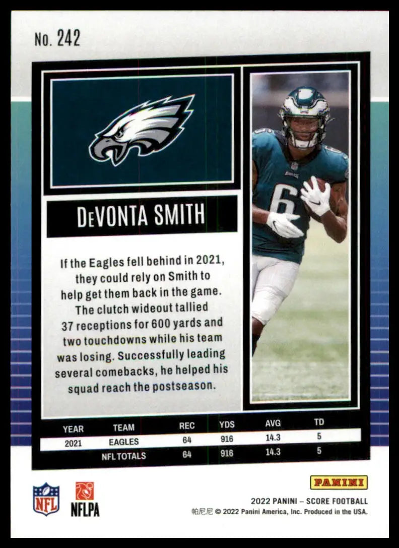 DeVonta Smith football card from 2022 Score series featuring Philadelphia Eagles player