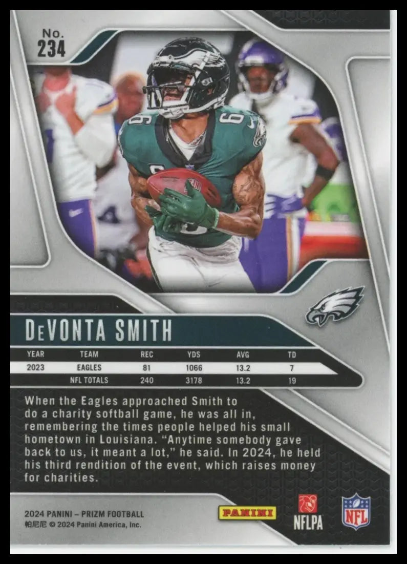 Back of a DeVonta Smith 2024 Panini Prizm football card featuring Philadelphia Eagles
