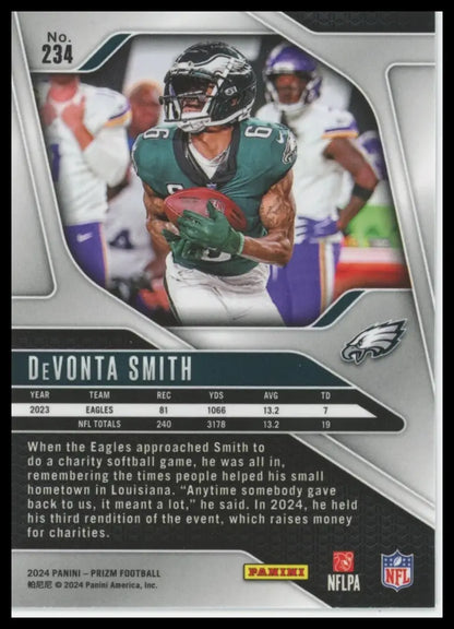 Back of a DeVonta Smith 2024 Panini Prizm football card featuring Philadelphia Eagles