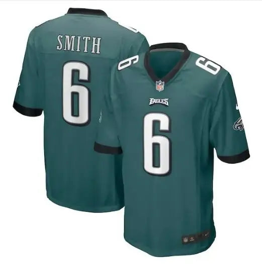 Green and black Philadelphia Eagles DeVonta Smith Game Jersey with SMITH 6 on it