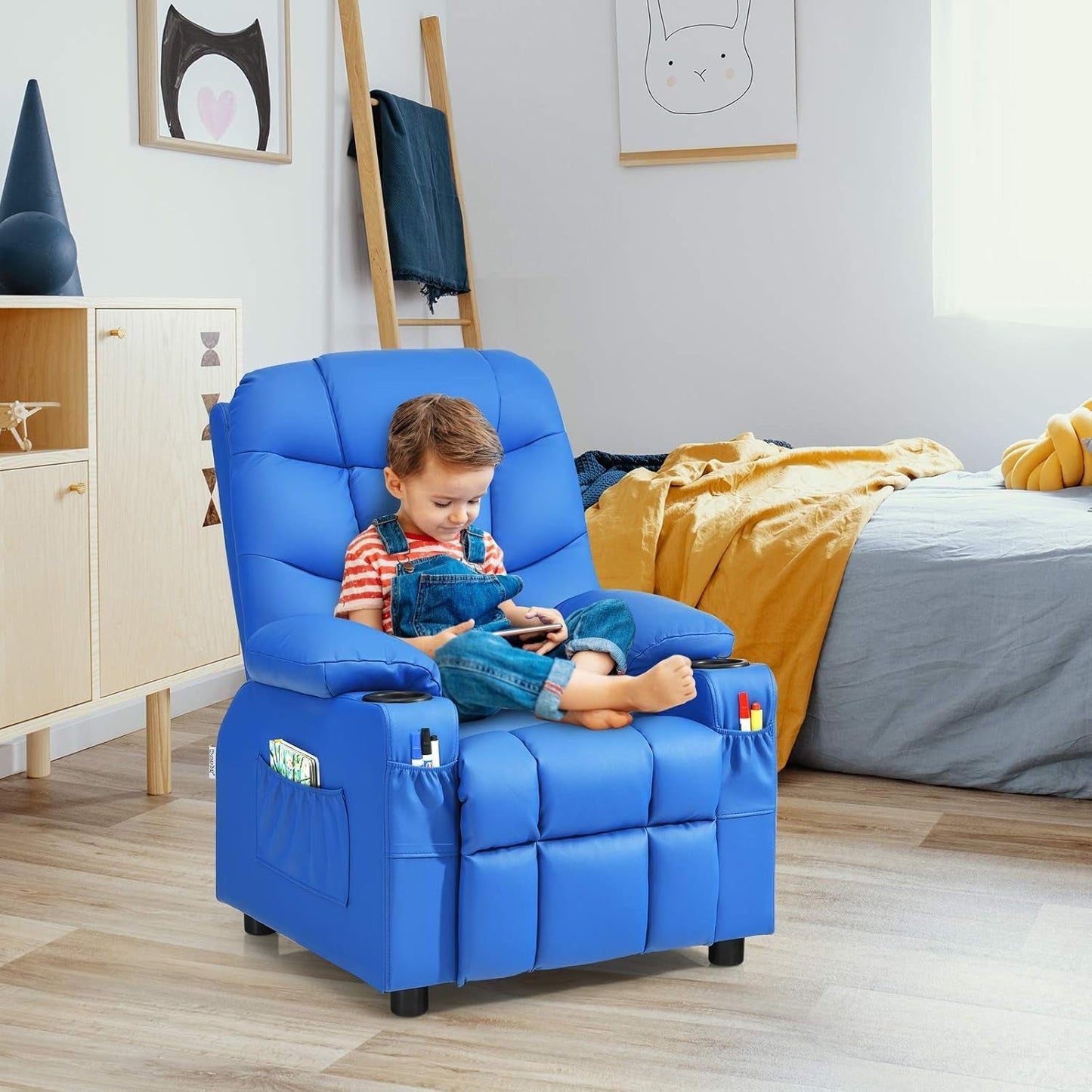 Kids Recliner Chair with Cup Holder, Adjustable Leather Lounge Chair W/Footrest & Side Pockets for Children Boys Girls Room, Ergonomic Toddler Furniture Sofa, Kids Recliner (Blue)-2