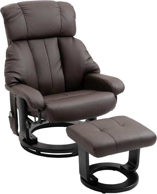 Massage Recliner Chair with Ottoman, 360° Swivel Recliner and Footstool, 10 Point Vibration, PU Leather Reclining Chair with Side Pocket and Remote Control, Brown-0