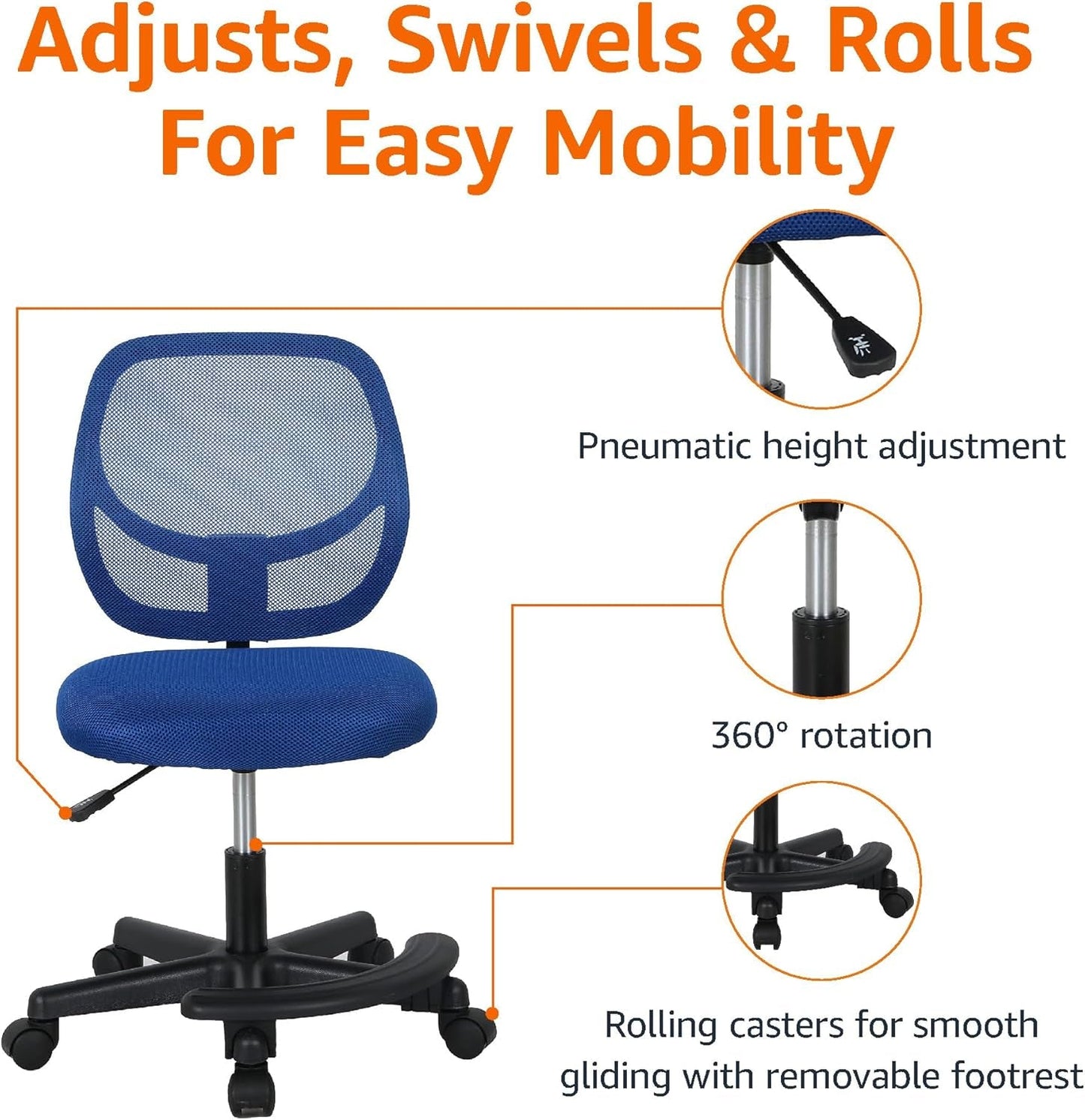 Kids Adjustable Mesh Low-Back Swivel Study Desk Chair with Footrest, Blue-3