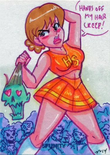 Cartoon cheerleader with orange hair and skull bag on DH 5FUNity Sketch Card by Mary Bellamy