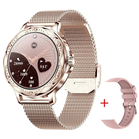 Rose gold diamond smartwatch high quality with mesh and pink silicone bands for business days
