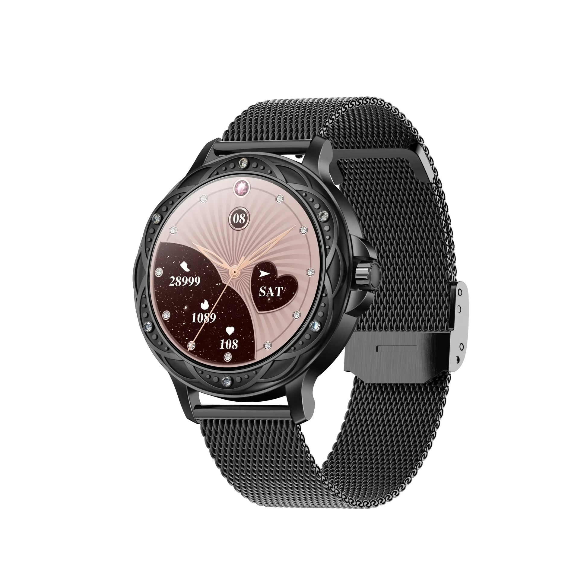 Black diamond smartwatch high quality with mesh band, circular display showing time and health data