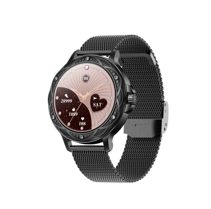 Black diamond smartwatch high quality with mesh band, circular display showing time and health data