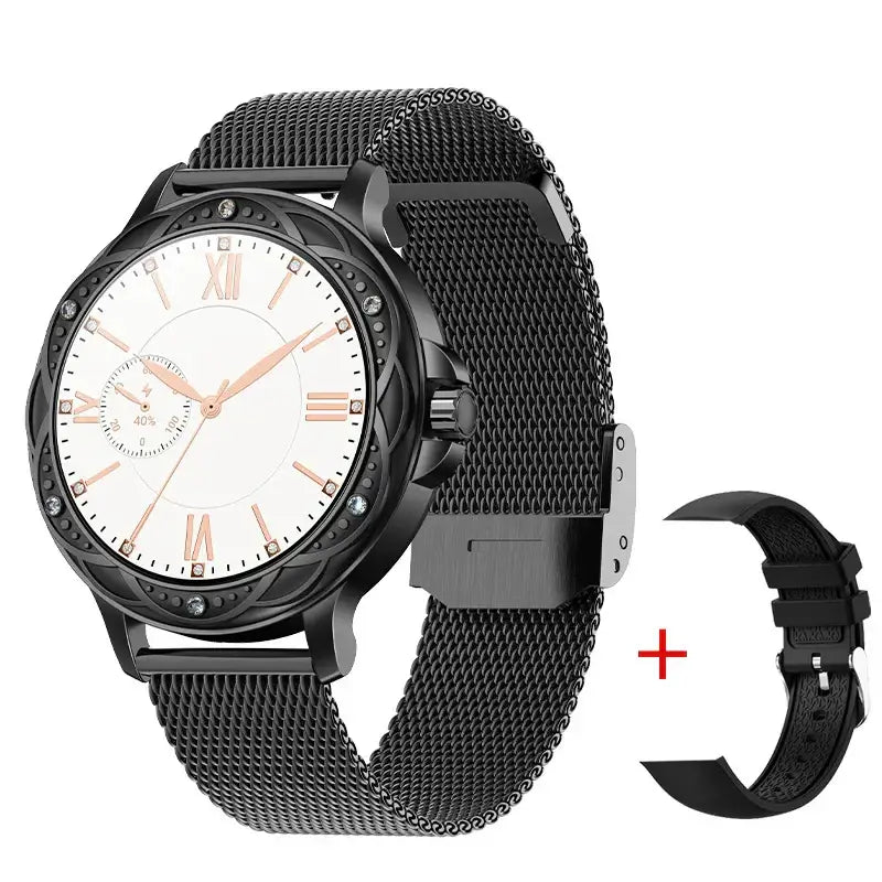 Diamond Smartwatch High quality with black mesh band white dial Roman numerals and bonus strap