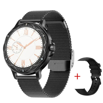 Diamond Smartwatch High quality with black mesh band white dial Roman numerals and bonus strap