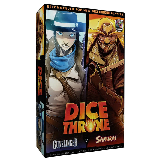 Dice Throne Gunslinger versus Samurai board game box featuring Dice Throne characters