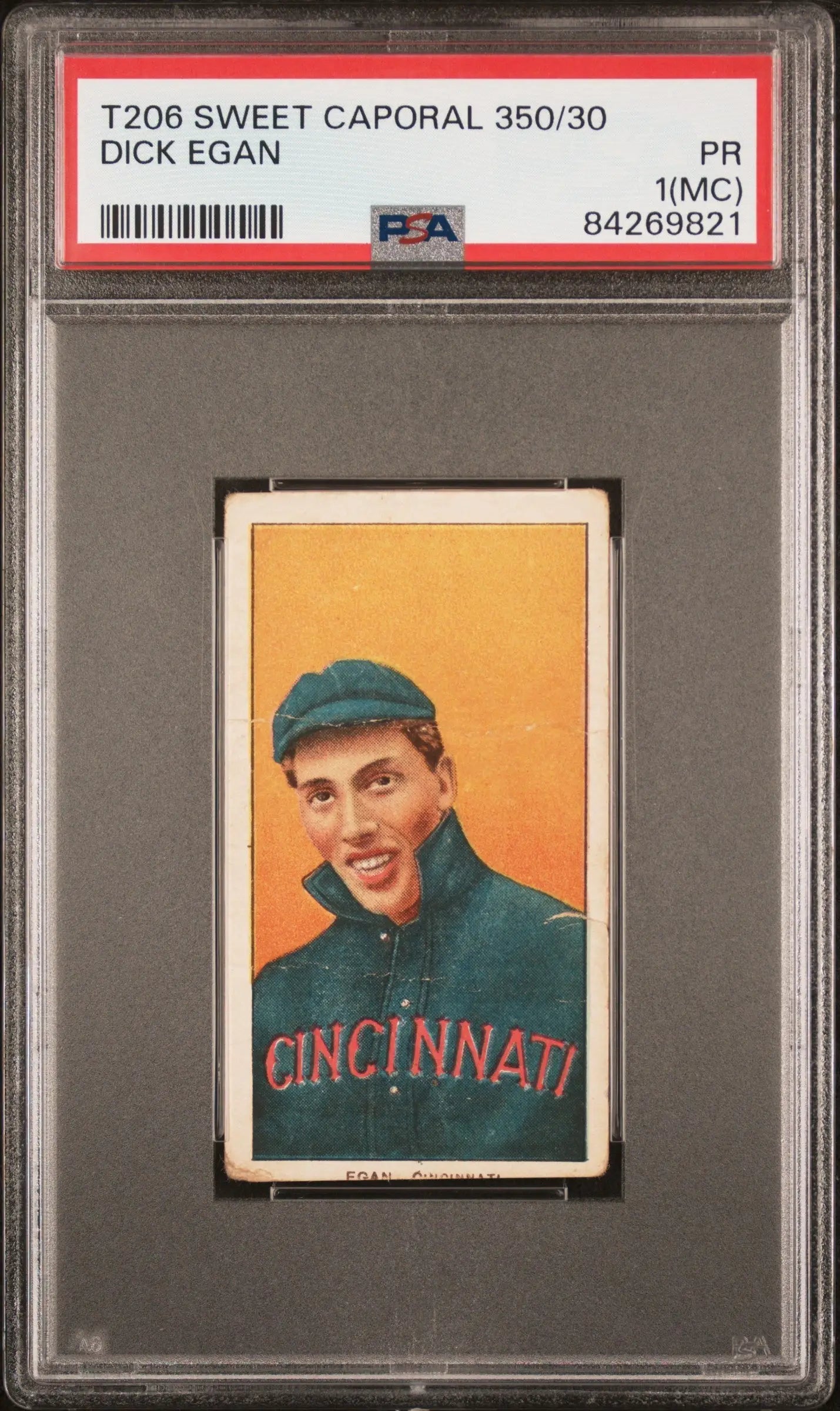 PSA-graded Dick Egan T206 Sweet Caporal baseball card featuring Cincinnati player in blue cap
