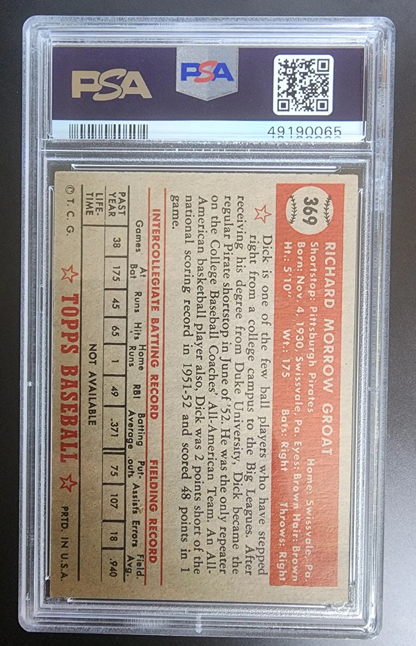 Dick Groat 1952 Topps #369 PSA 5.5 baseball card in protective grading holder