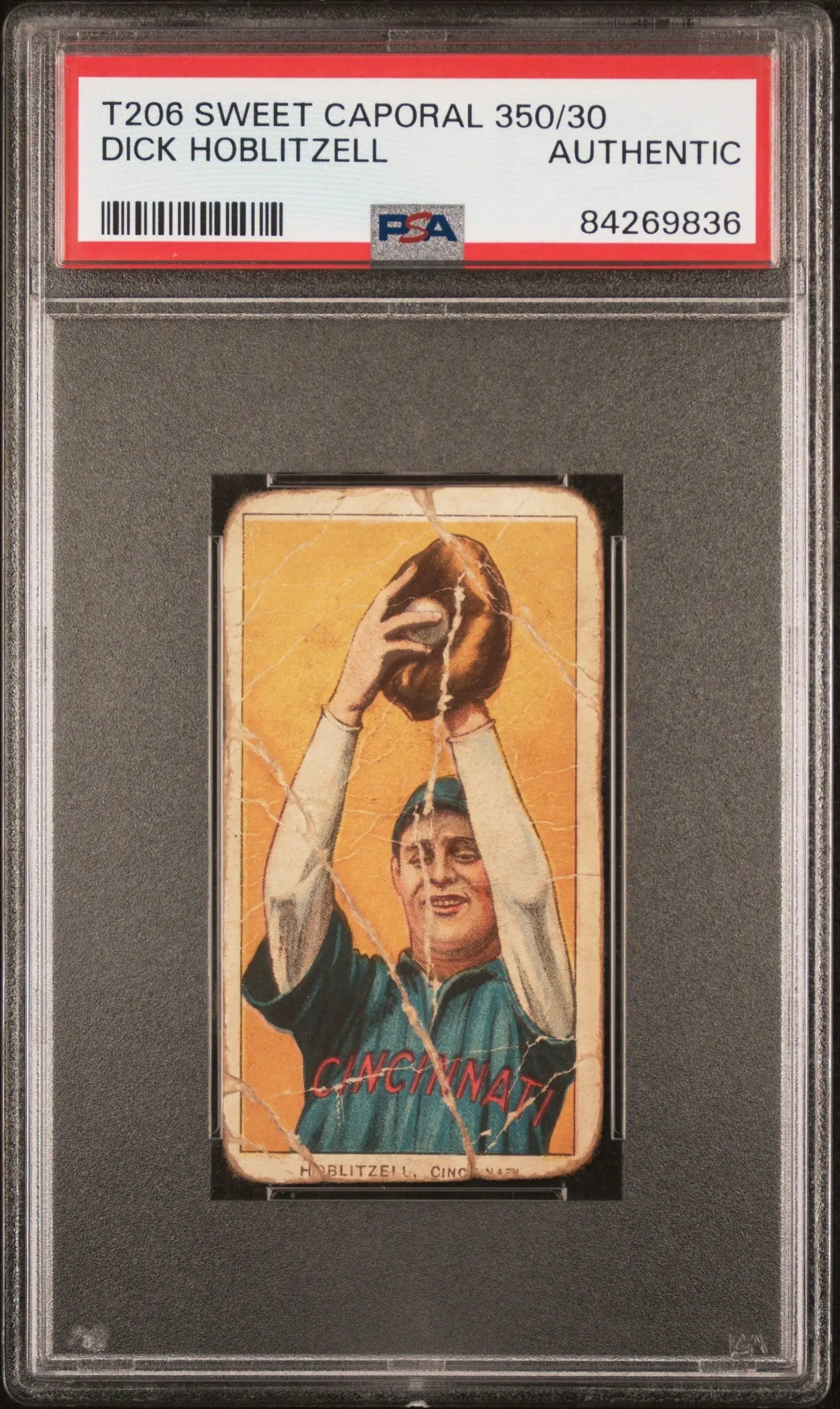 Vintage Dick Hoblitzell T206 Sweet Caporal card of player catching ball in green uniform