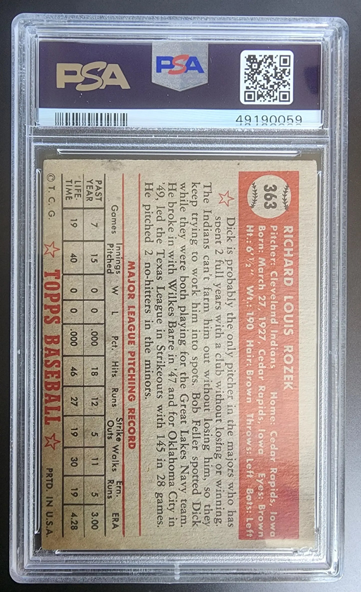 Reverse side of Dick Rozek 1952 Topps #363 PSA 4.5 baseball card displaying stats