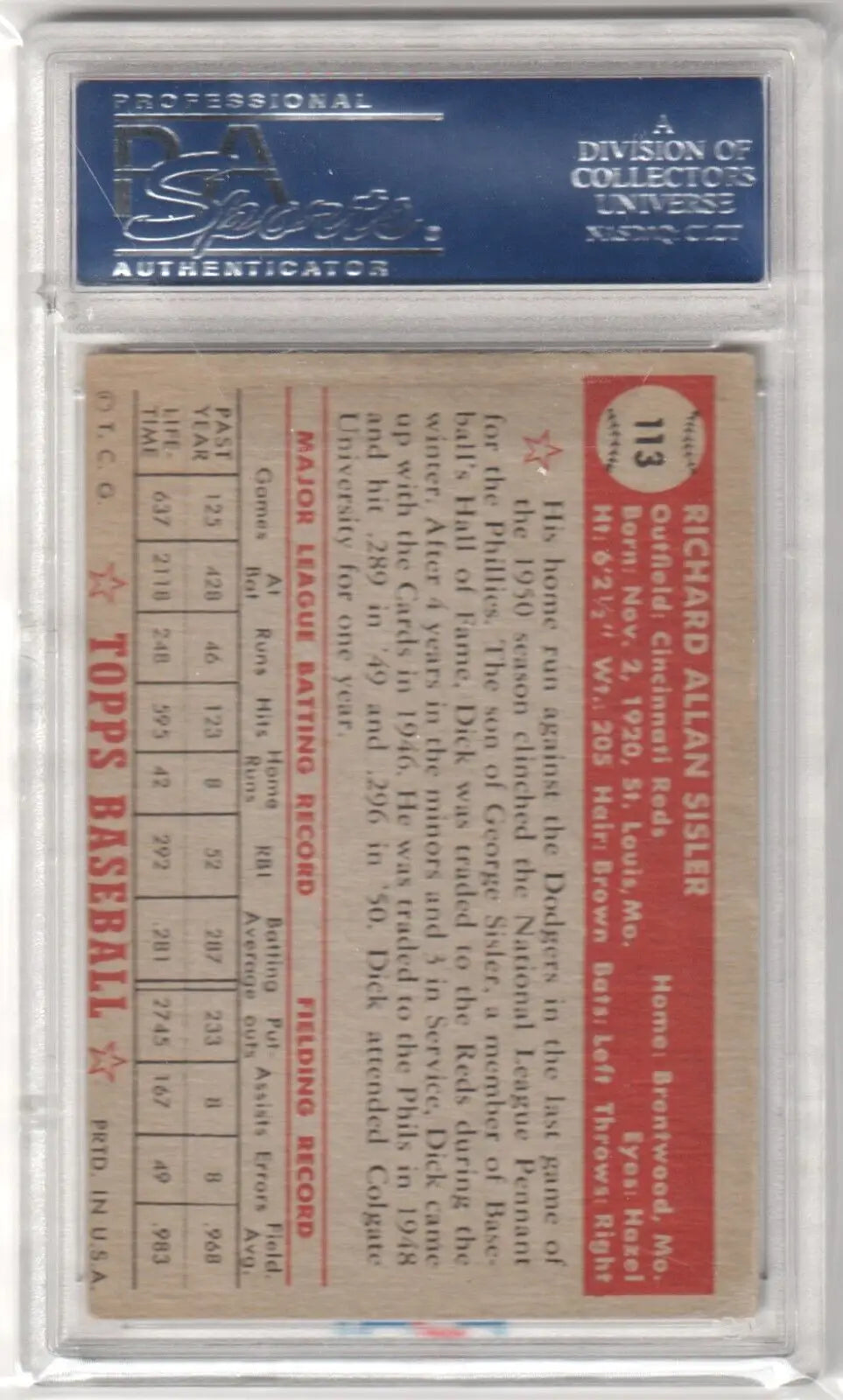 Graded vintage Dick Sisler 1952 Topps baseball card from Columbia Hobby for ESPN 2K Sports