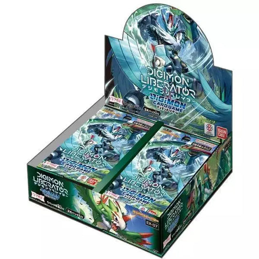 Display box of Digimon Liberator booster packs with blue-green artwork and trading cards