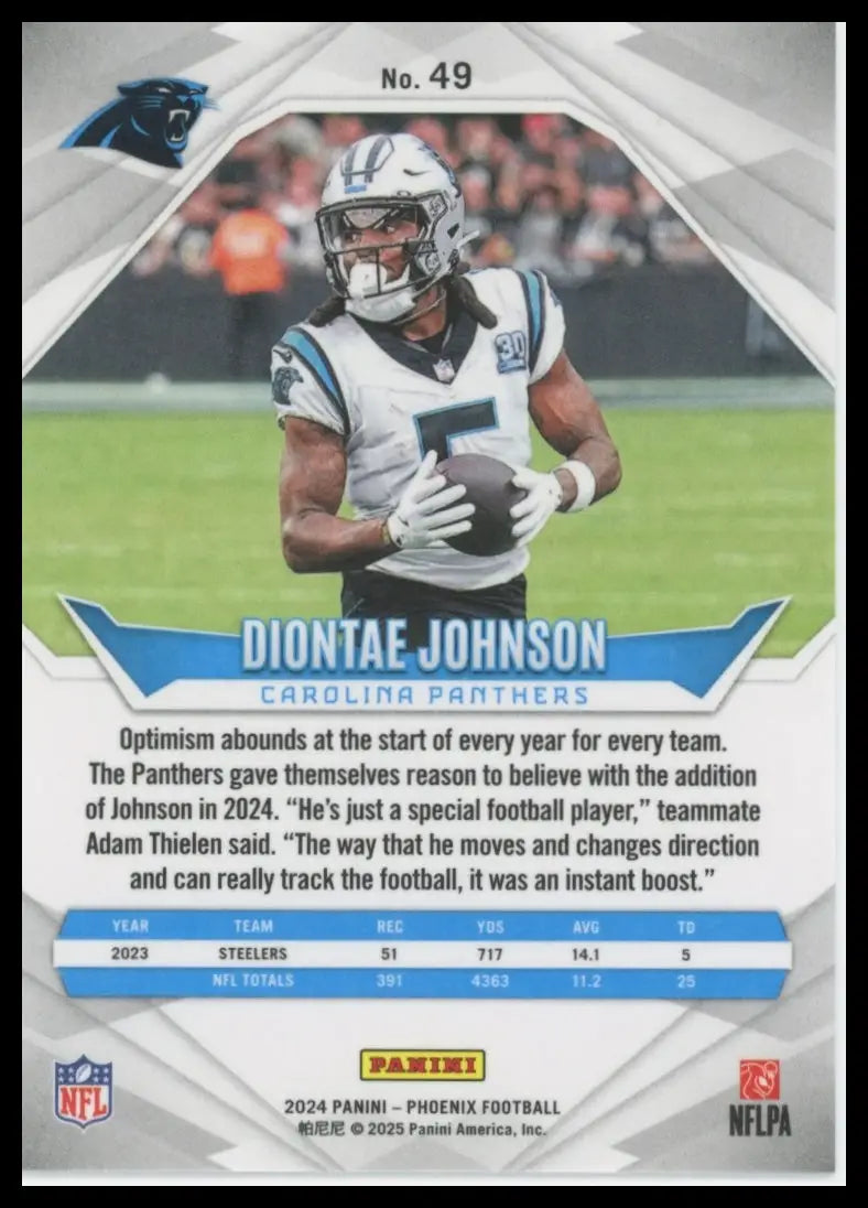 Football trading card featuring Diontae Johnson of the Carolina Panthers from Panini Phoenix 2024