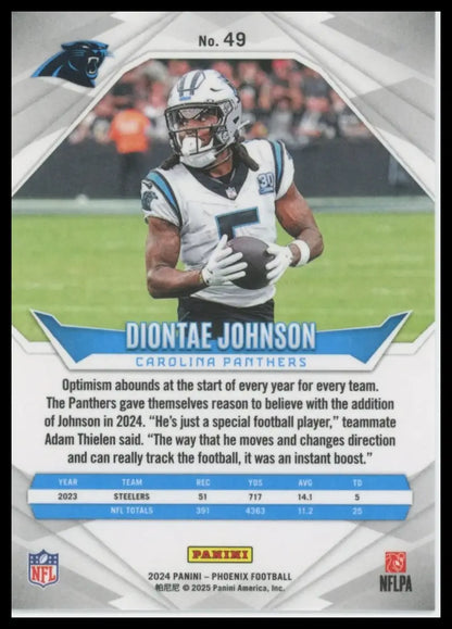 Football trading card featuring Diontae Johnson of the Carolina Panthers from Panini Phoenix 2024