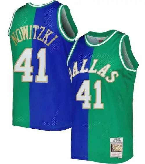 Dirk Nowitzki Hardwood Classics jersey with green and blue split design and number 41