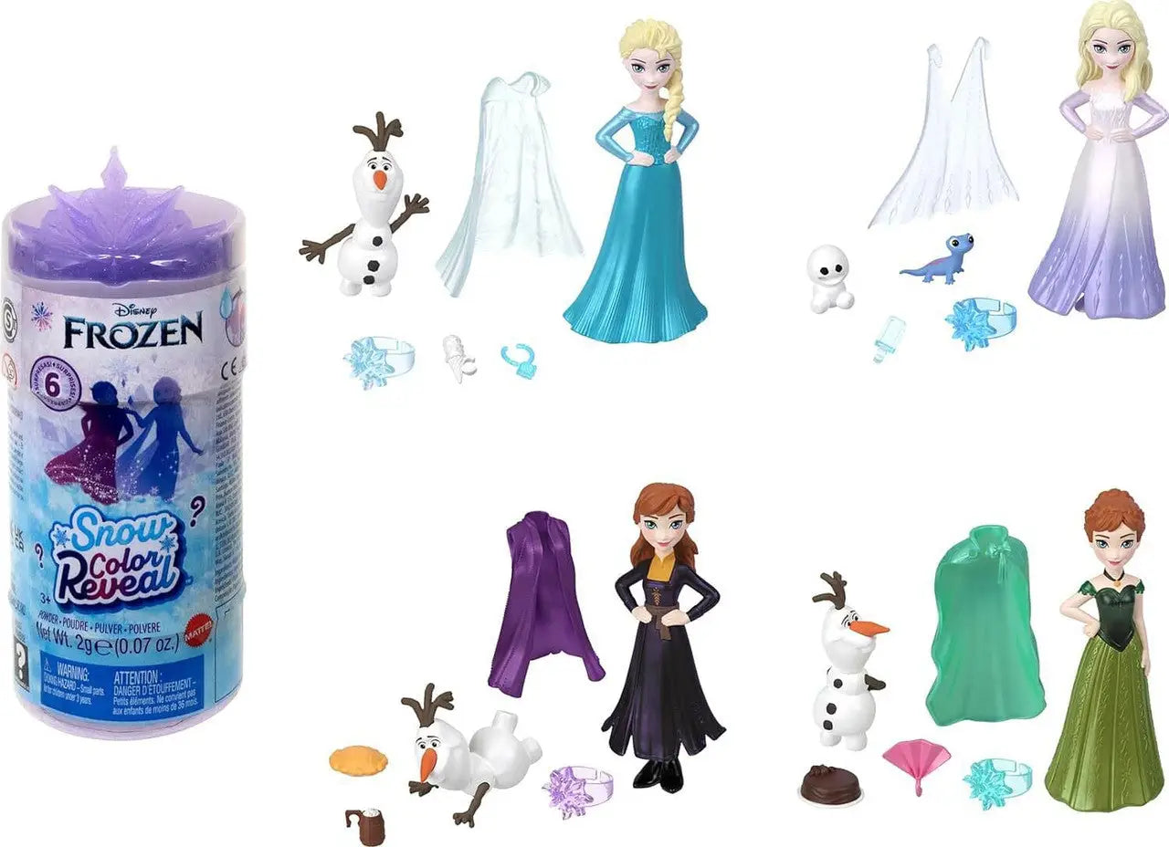 Disney Frozen snow color reveal toy set with Anna and Elsa figures and pastel dresses