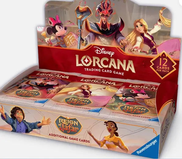 Disney Lorcana Reign of Jafar booster box with display of trading card game packs