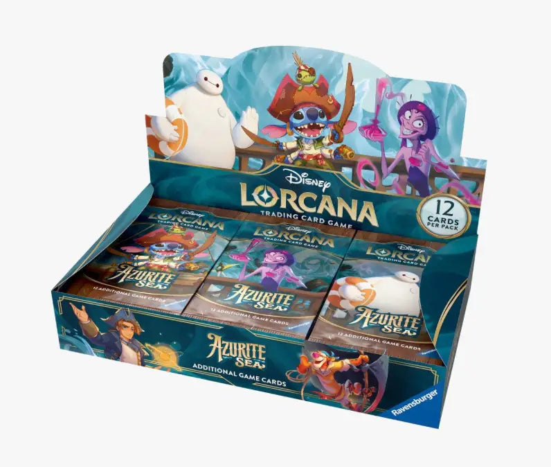 Disney Lorcana TCG Azurite Sea Booster Box featuring vibrant trading cards and artwork