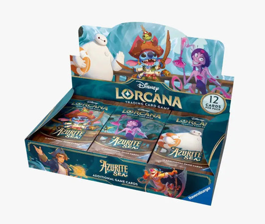 Disney Lorcana TCG Azurite Sea Booster Box featuring vibrant trading cards and artwork