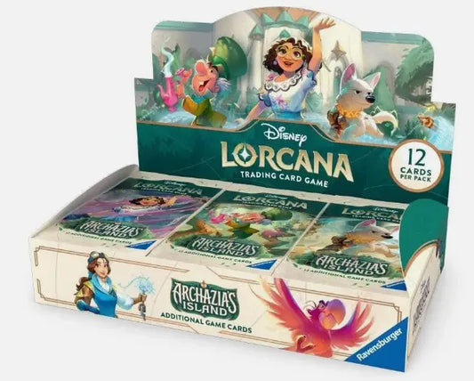 Disney Lorcana trading card game booster box featuring Archazia’s Island Lilo