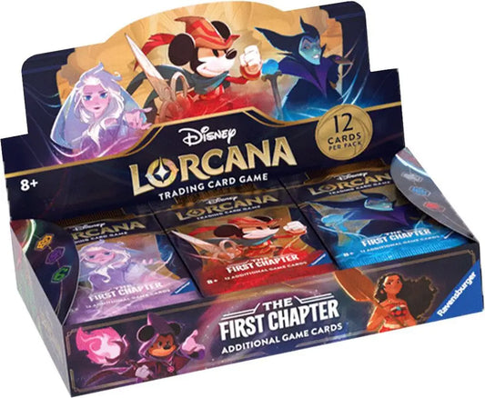 Display box of Disney Lorcana The First Chapter booster packs featuring Disney characters