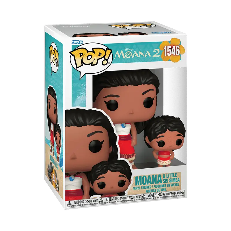 Funko Pop! Moana vinyl figure box showcasing multiple poses in red outfit for Disney Moana 2