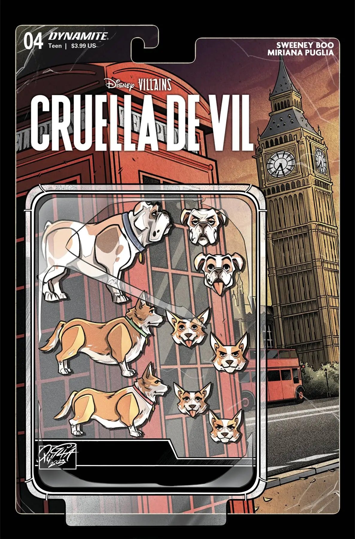 Action figure packaging with Dalmatian dogs for Disney Villains Cruella De Vil #4 Comic Book Cvr
