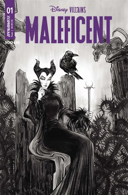 Comic book cover of dark figure with horns and raven for Disney Villains Maleficent #1