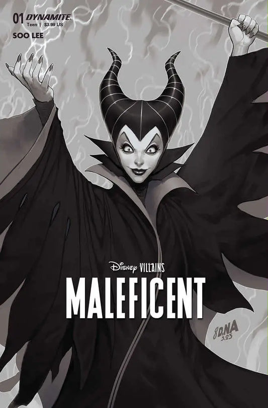 Black and white comic book cover featuring Disney Villains Maleficent for trading cards