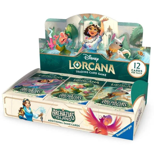 Display of Disney Lorcana Archazia’s Island booster box with trading card packs