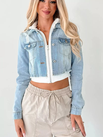 Distressed Zip Up Cropped Hooded Denim Jacket