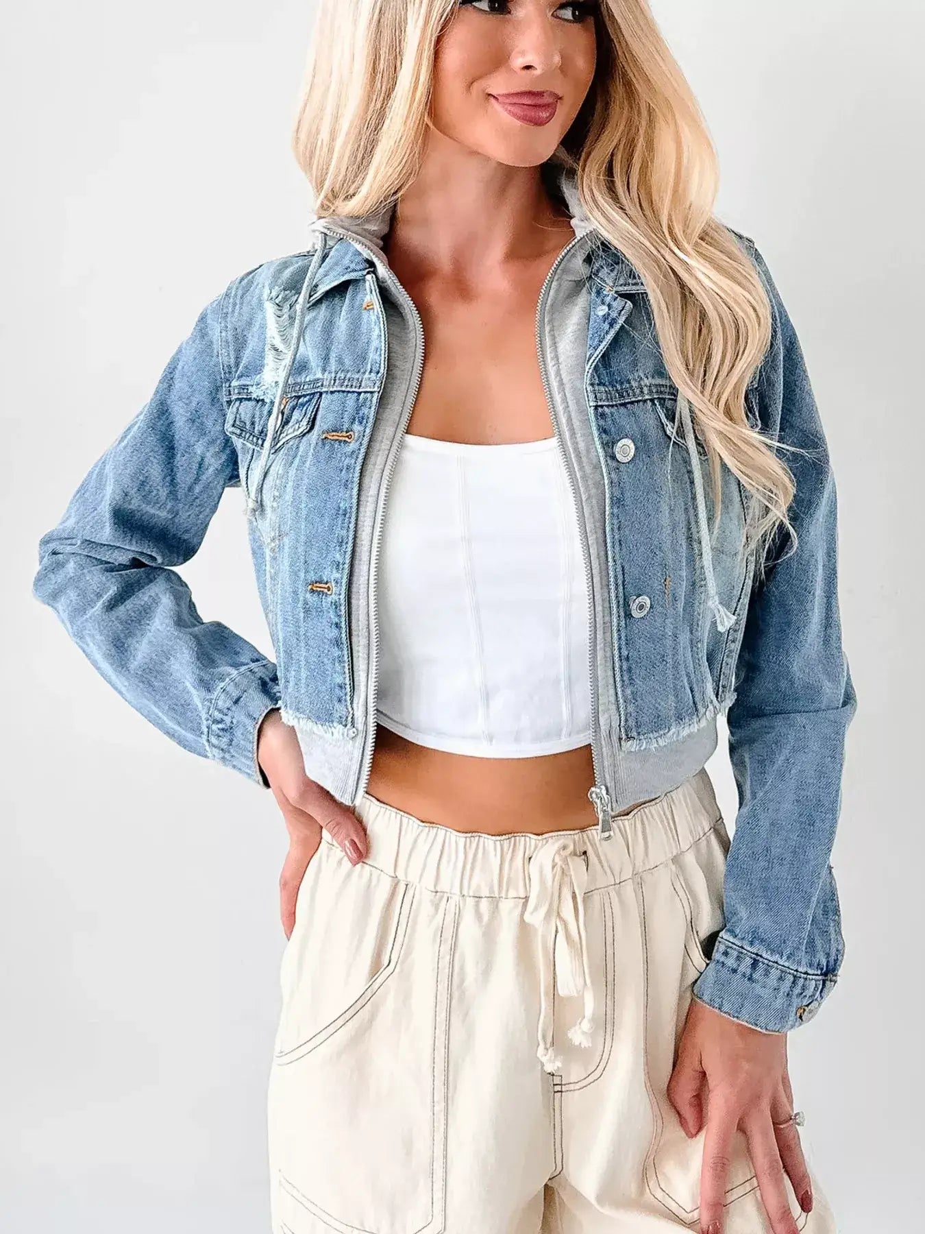 Distressed Zip Up Cropped Hooded Denim Jacket