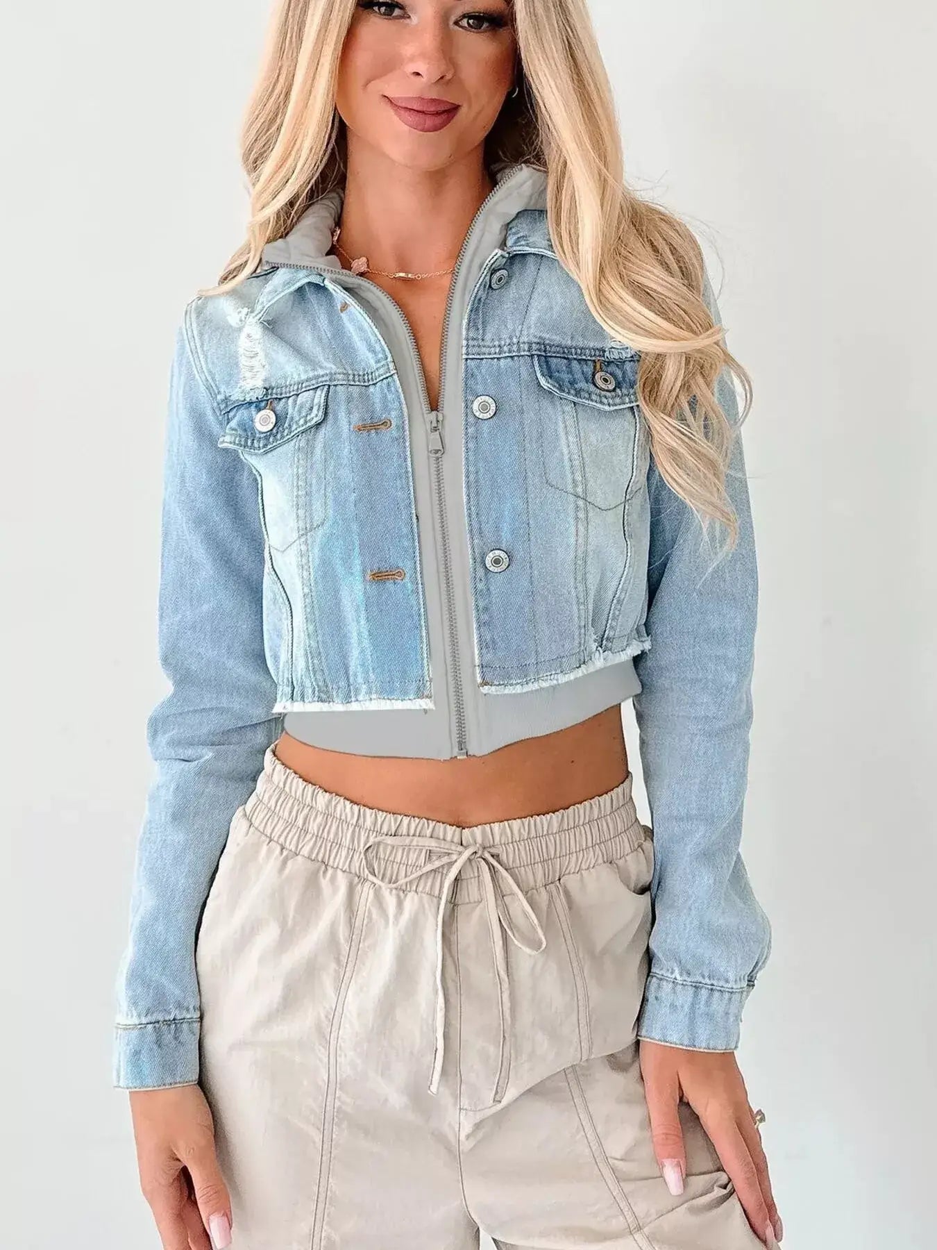 Distressed Zip Up Cropped Hooded Denim Jacket