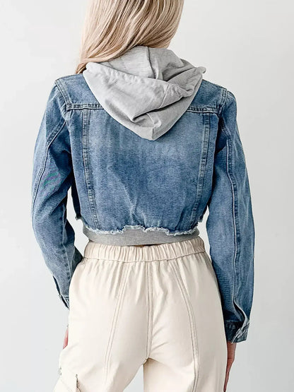Distressed Zip Up Cropped Hooded Denim Jacket