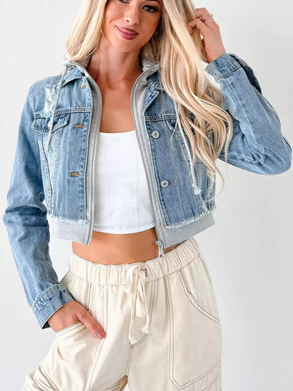 Distressed Zip Up Cropped Hooded Denim Jacket - Dark Blue / Gray / S
