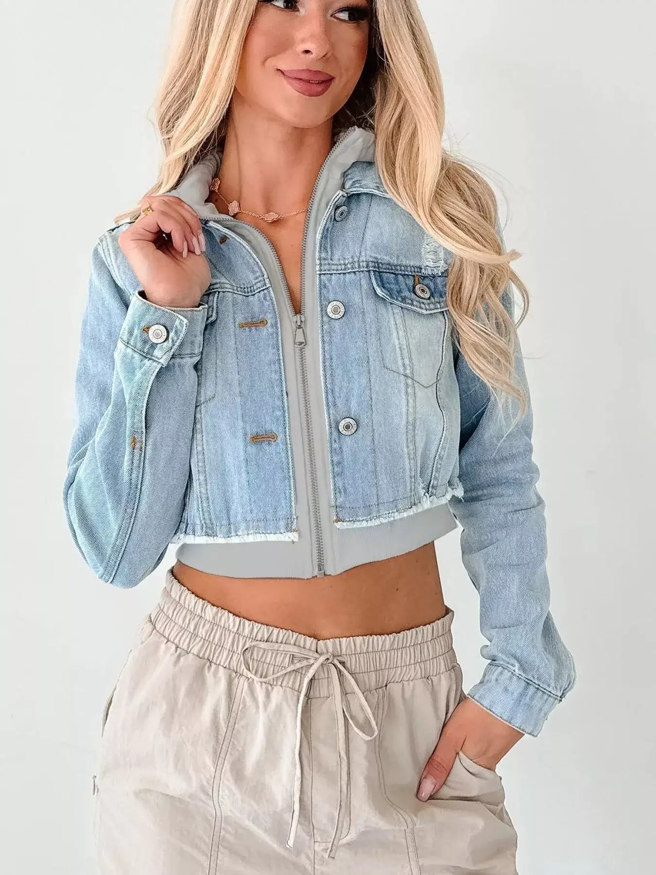 Distressed Zip Up Cropped Hooded Denim Jacket - Light Blue / Gray / S