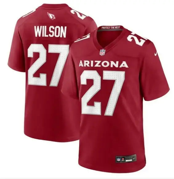 Red Arizona Cardinals Wilson number 27 Nike game jersey displayed for sale